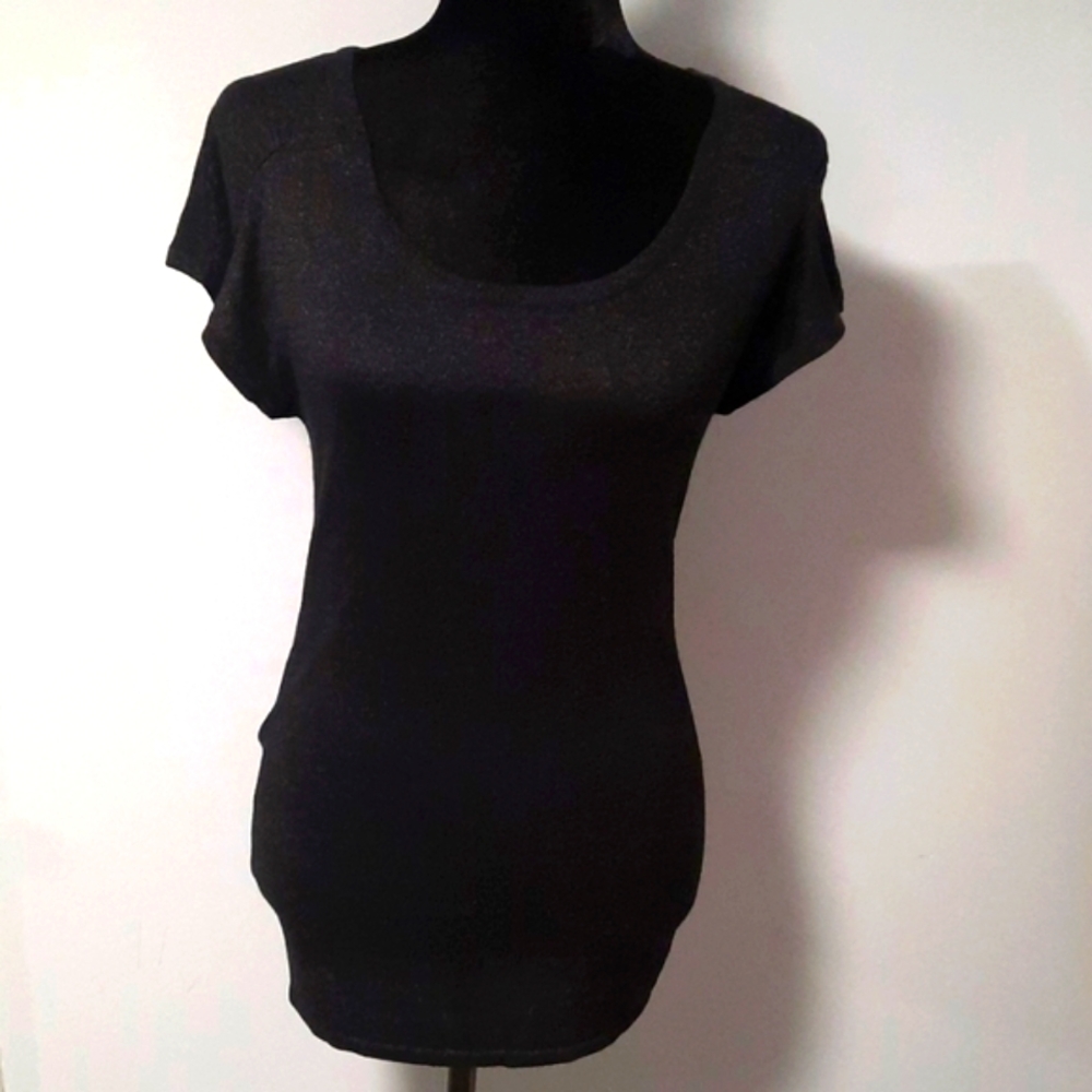 mac & jac Black Ruffle Shoulder Round Neck Silver Shine Short Sleeve Top